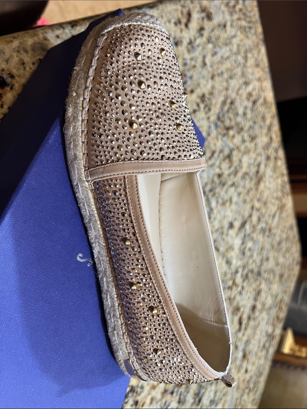 Stuart Weitzman Beige Rhinestone Espadrille Loafers